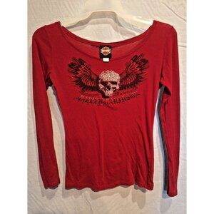 Harley Davidson Women's Maroon Long Sleeve Top With Skull - Size Med